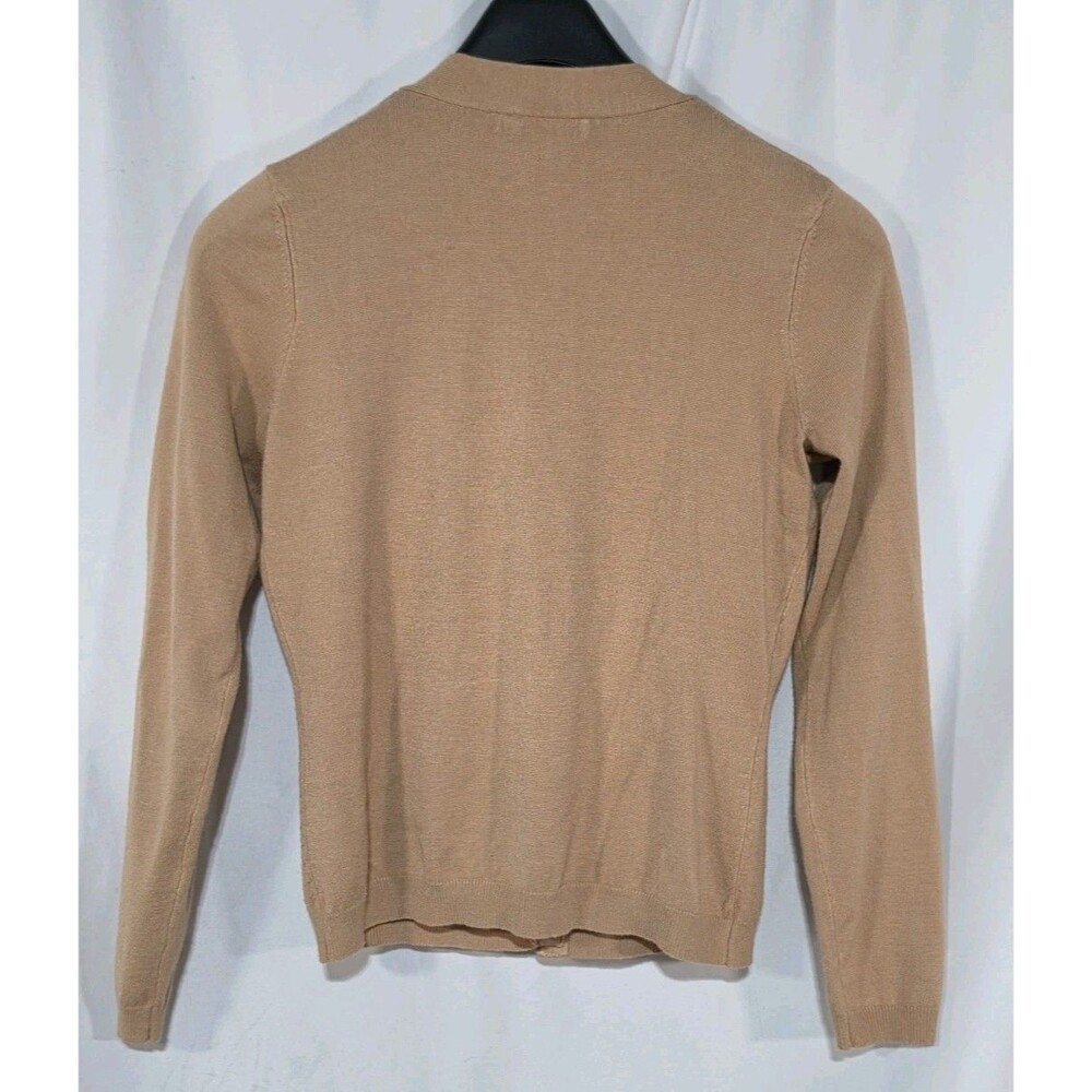 Bogari Silk Blend Cardigan Sweater Small Tan Rosette Tie Neck Button Front - Picture 3 of 10